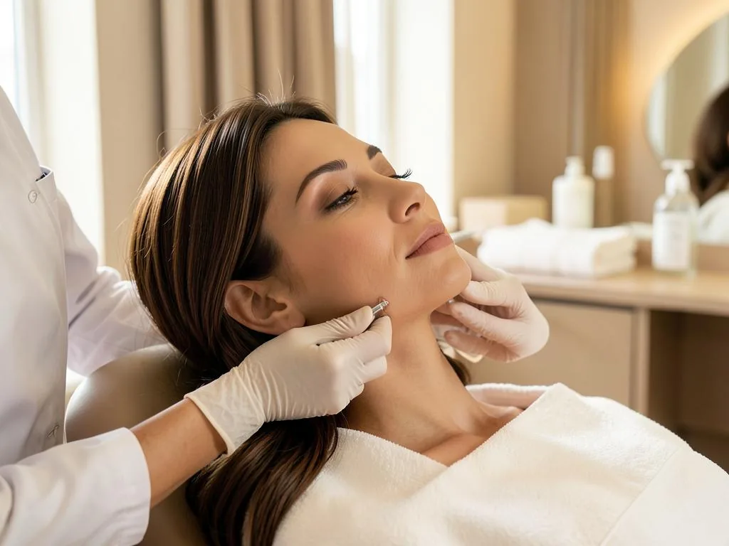 Brünette Patientin bei der Lippenunterspritzung mit Hyaluronsäure — Filler-Behandlung bei Esthetikon Zürich