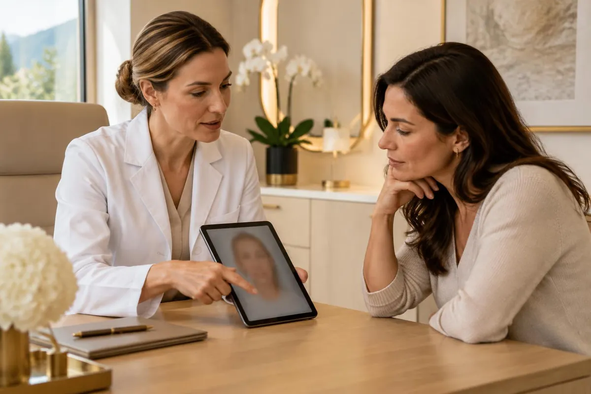Ärztin bespricht mit einer dunkelhaarigen Patientin am Tisch auf einem Tablet den Behandlungsplan nach einer Filler-Korrektur