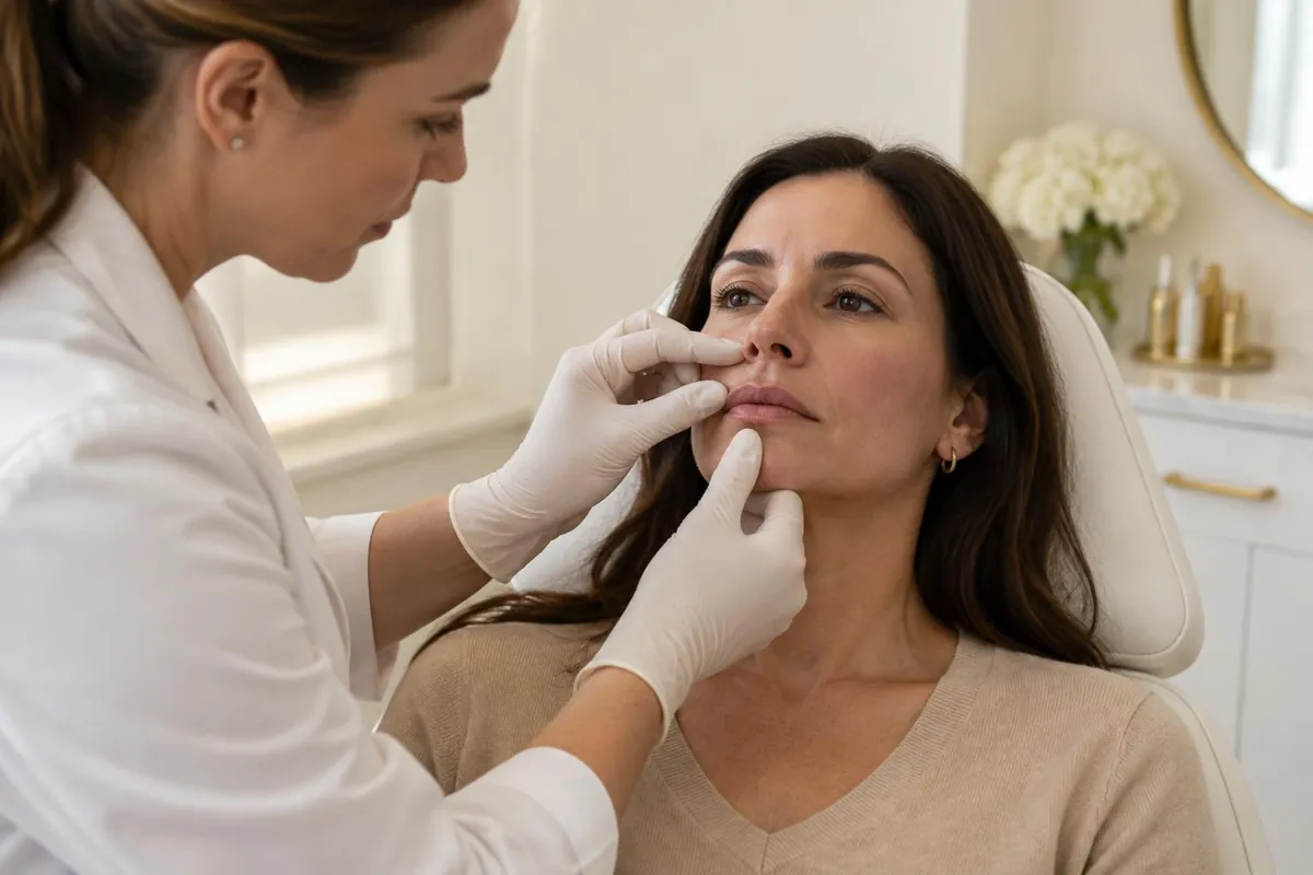 Ärztin mit Handschuhen tastet die Oberlippe einer dunkelhaarigen Patientin ab, um ein ungleichmässiges Filler-Ergebnis vor einer Hyaluronidase-Behandlung zu beurteilen