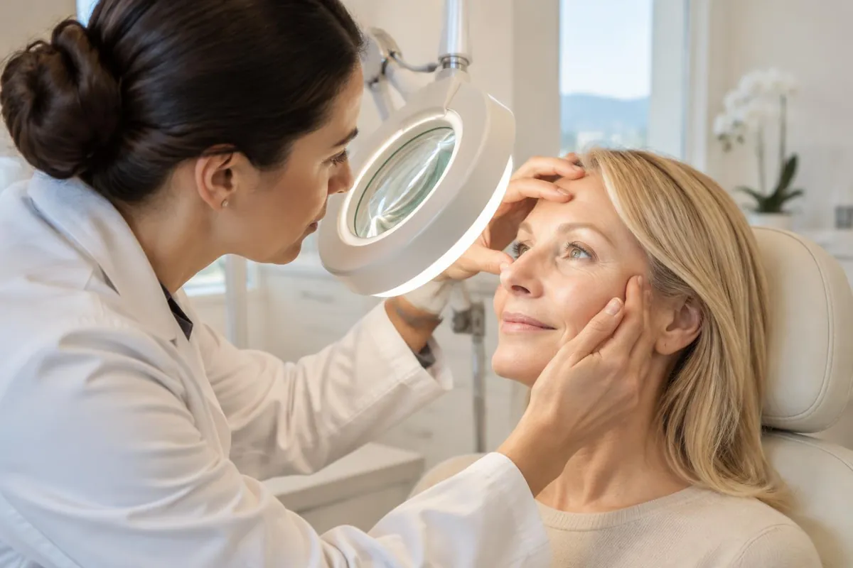 Ärztin untersucht die Haut im seitlichen Augenbereich einer blonden Patientin mit einer beleuchteten Lupenleuchte vor der Behandlung der Krähenfüsse