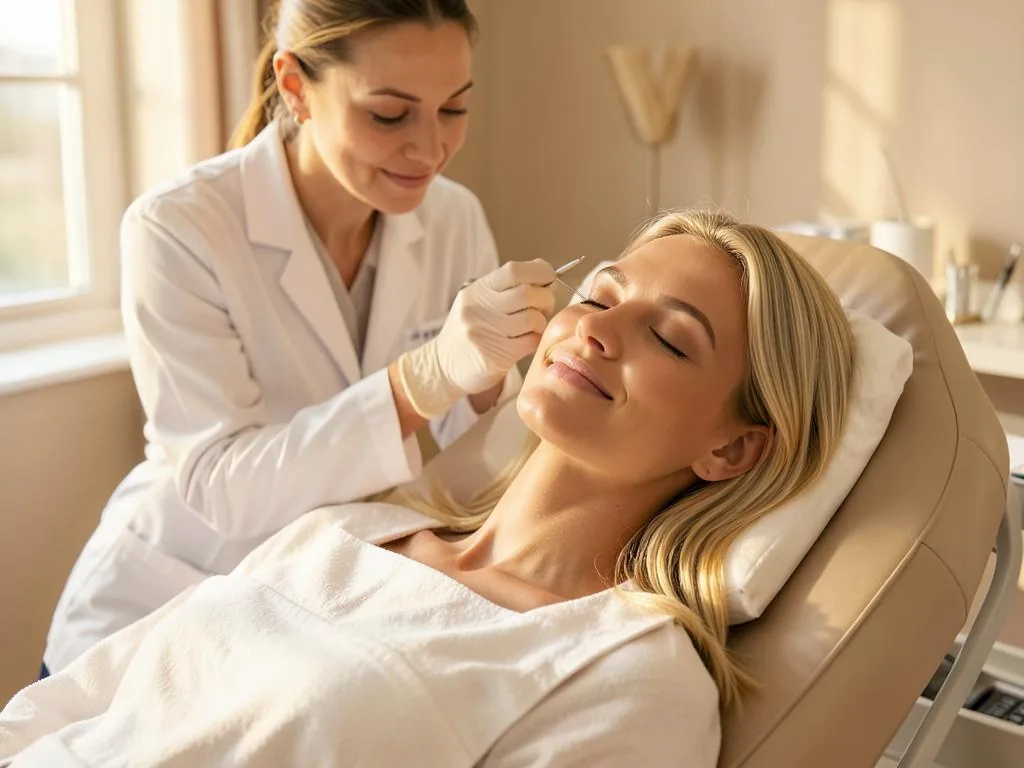 Ärztin behandelt das Unterlid einer blonden Patientin mit Hyaluronsäure — Tränenrinne unterspritzen bei Esthetikon Zürich
