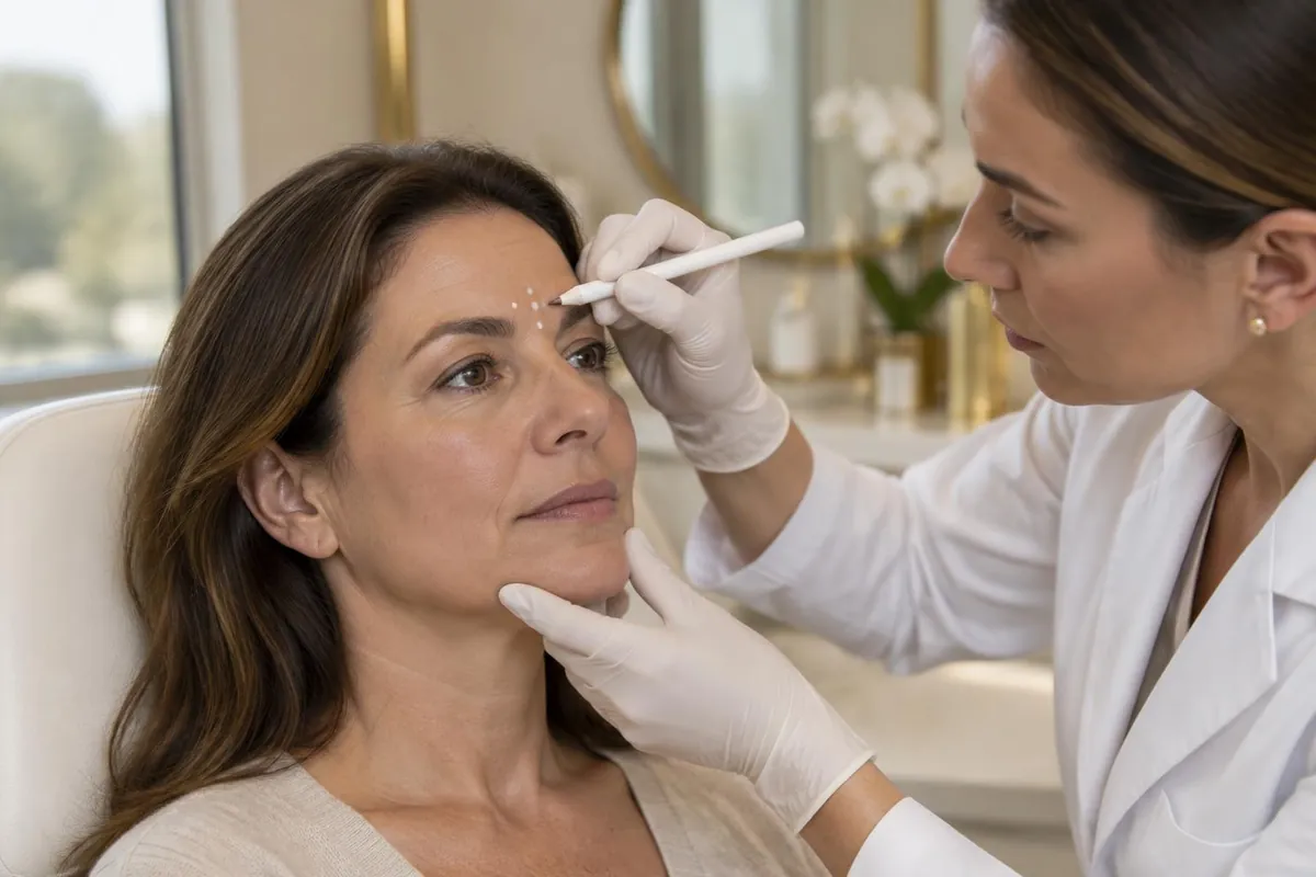 Ärztin markiert vor der Faltenbehandlung mit einem weissen Hautstift Punkte zwischen den Augenbrauen einer Patientin in der Praxis Esthetikon